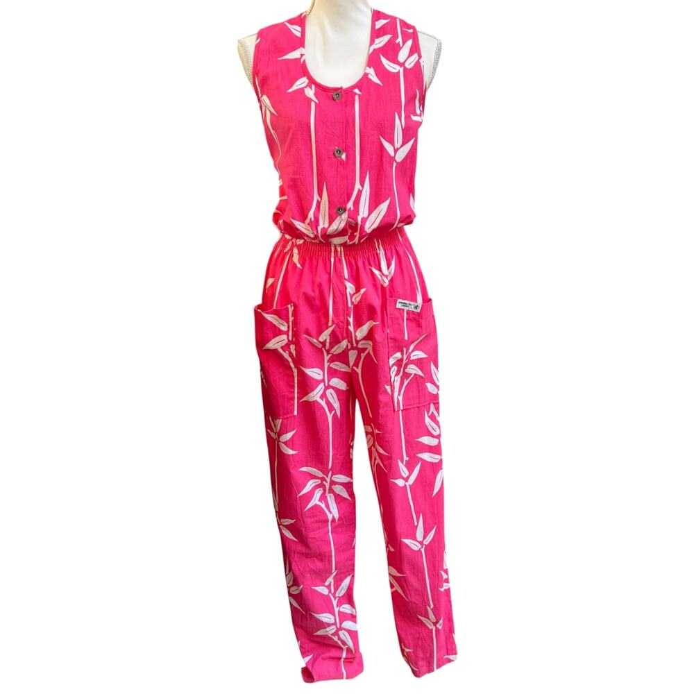 Banana Bay Hawaii Cotton Vintage Jumpsuit Size L Pink White Print Sleeveless EUC